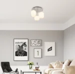 Plafonieră din metal nichel mat, sticlă albă, 3 pahare diferite, ø: 460mm, I: 360mm, sticlă-ø: 1 x 15,8 cm, 16,5 cm, 18,5 cm fiecare, fără 3x E14 40W 230V