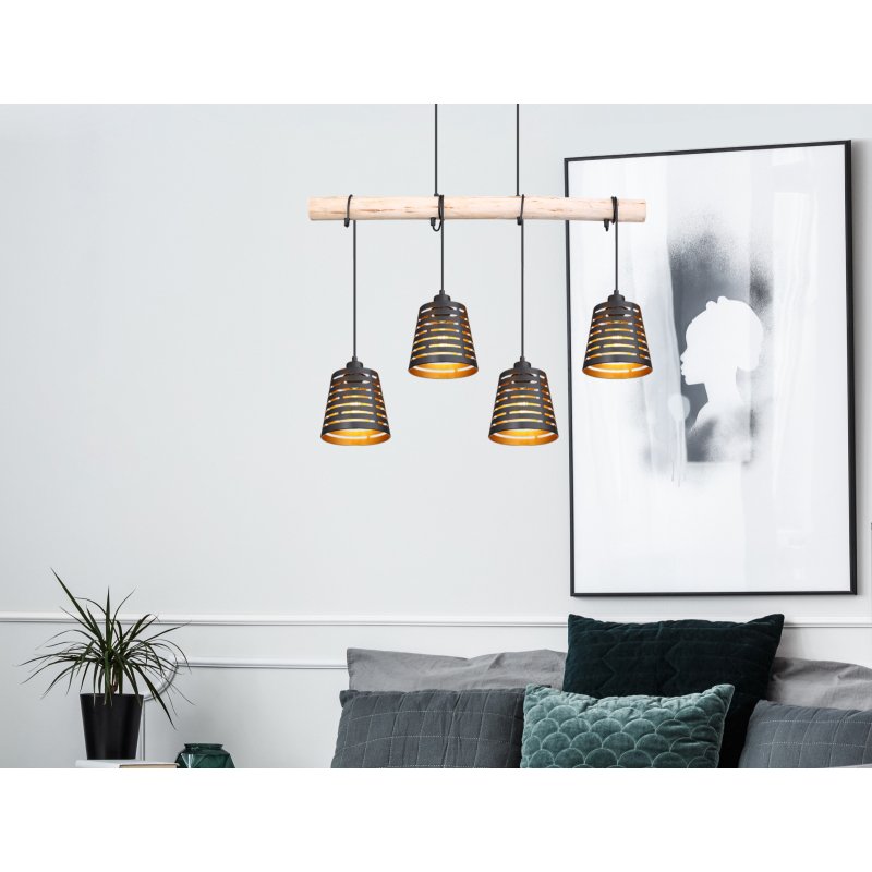 ablona-15451-4h-g26118-6 Suspensie metal negru mat, lemn natural, metal negru-auriu mat, cablu de înfășurat, LxLxH: 850x170x1200, excl 4xE27 60W 230V - imagine 1
