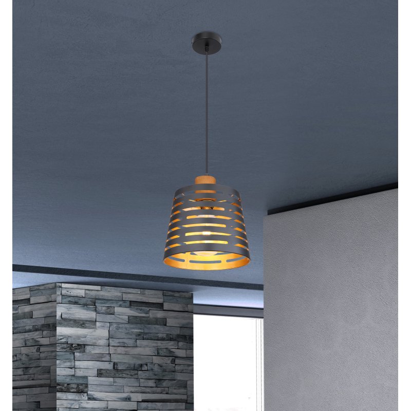 ablona-15451h-g26119-6 Suspensie metal negru mat, lemn natural, metal negru-auriu mat, D: 250, H: 1200, excl 1xE27 60W 230V - imagine 1