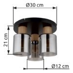 Plafonieră metal negru mat, lemn maro închis, sticlă fumurie, ø: 300mm, H: 210mm, excl. 3x E27 25W 230V - imagine 5