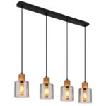 Suspensie metal negru mat, lemn maro închis, sticlă colorată fumurie, cablu PVC negru, înălțimea poate fi scurtată, LxLxA: 780x120x1200mm, excl. 4x E27 25W 230V