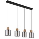 Suspensie metal negru mat, lemn maro închis, sticlă colorată fumurie, cablu PVC negru, înălțimea poate fi scurtată, LxLxA: 780x120x1200mm, excl. 4x E27 25W 230V - imagine 3