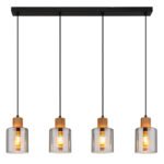 Suspensie metal negru mat, lemn maro închis, sticlă colorată fumurie, cablu PVC negru, înălțimea poate fi scurtată, LxLxA: 780x120x1200mm, excl. 4x E27 25W 230V - imagine 4