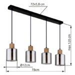 Suspensie metal negru mat, lemn maro închis, sticlă colorată fumurie, cablu PVC negru, înălțimea poate fi scurtată, LxLxA: 780x120x1200mm, excl. 4x E27 25W 230V - imagine 6