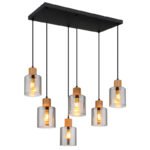 Suspensie metal negru mat, lemn maro închis, sticlă colorată fumurie, cablu PVC negru, înălțimea poate fi scurtată, LxLxA: 670x330x1200mm, excl. 6x E27 25W 230V