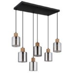 Suspensie metal negru mat, lemn maro închis, sticlă colorată fumurie, cablu PVC negru, înălțimea poate fi scurtată, LxLxA: 670x330x1200mm, excl. 6x E27 25W 230V - imagine 3