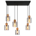 Suspensie metal negru mat, lemn maro închis, sticlă colorată fumurie, cablu PVC negru, înălțimea poate fi scurtată, LxLxA: 670x330x1200mm, excl. 6x E27 25W 230V - imagine 4