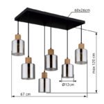 Suspensie metal negru mat, lemn maro închis, sticlă colorată fumurie, cablu PVC negru, înălțimea poate fi scurtată, LxLxA: 670x330x1200mm, excl. 6x E27 25W 230V - imagine 6