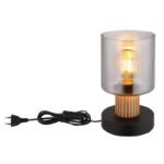 Lampă de masă metal negru mat, lemn maro închis, sticlă fumurie, cablu PVC negru, comutator basculant pe cablu, ø: 120mm, H: 210mm, lungime cablu 1500mm, excl. 1x E27 25W 230V - imagine 4