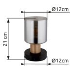 Lampă de masă metal negru mat, lemn maro închis, sticlă fumurie, cablu PVC negru, comutator basculant pe cablu, ø: 120mm, H: 210mm, lungime cablu 1500mm, excl. 1x E27 25W 230V - imagine 6