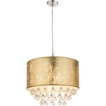 Suspensie nichel satin, plastic, textil auriu, finisaj acril satinat, cristale plastice clare, incl. Suspensie, D: 400, H: 1400, excl 1xE27 60W 230V