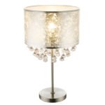 Veioza, nichel satin, plastic, textil argintiu, finisaj acril satinat înălțime abajur 20 cm, întrerupător,, D: 320, H: 560, excl. 1xE27 60W 230V.