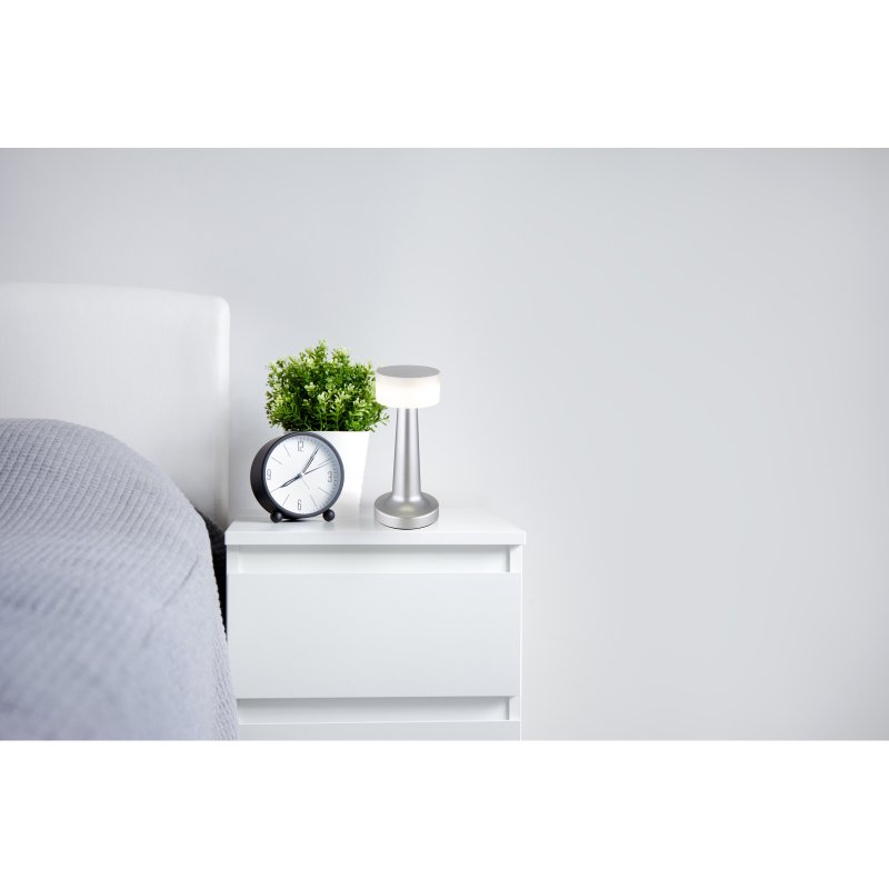 angelika-58447n-g28738-6 Lampă de masă plastic nichel mat, plastic opal, comutator de presiune, reglabilă, variator tactil continuu, USB-A 2.0 - USB-C, baterie inclusă CR18650 800mAh 3.7V, ø: 95mm, H: 215mm, LED 1W 230V, sursa 100lm, iesire 55lm, CCT 2700/6500/4000K - imagine 1