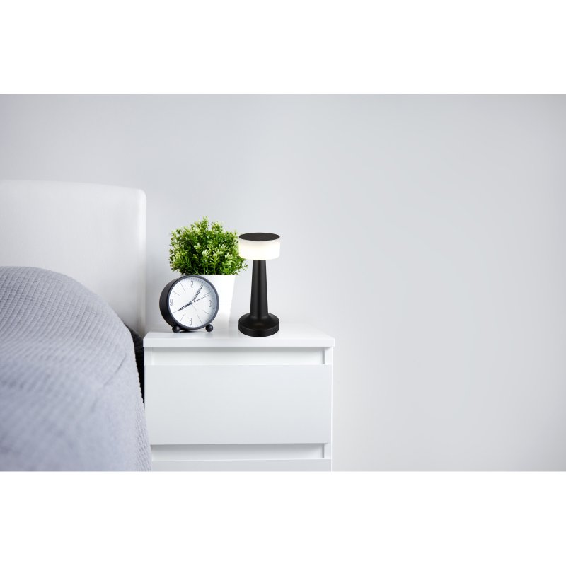 angelika-58447s-g28739-6 Lampa de masa plastic negru mat, plastic opal, presostat, reglabil, variator tactil continuu, culorile se pot fixa, USB-A 2.0 - USB-C, baterie inclusa CR18650 800mAh 3.7V, ø: 95mm, H: 215mm, LED 1W 230V, sursa 100lm, iesire 55lm, CCT 2700/6500/4000K - imagine 1