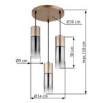 Lampă suspendată metal cappuccino mat, sticlă colorată fumurie, gradient clar, cablu textil negru, înălțimea poate fi scurtată, sticlă cu caneluri, ø: 340mm, H: 1500mm, 3 înălțimi 150cm, 140cm și 130cm, excl. 3x E27 25W 230V - imagine 6