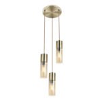 Suspensie din alamă mată, sticlă chihlimbar, cablu textil maro, D: 300, H: 1500, excl. 3xE27 25W 230V