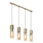 Suspensie, alamă mat, sticlă fumuriu auriu cablu textil maro, Lxlxh: 800x90x1560, excl 230V 4xE27 25W