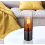 Lampă de masă din metal negru-crom, sticlă de culoare cupru, gradient transparent, cablu textil negru, touch on/off, ø: 90mm, H: 300mm, lungime cablu 1500mm, fără 1x E27 25W 230V