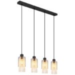 Lampă cu suspensie metal negru mat, sticlă fumurie colorată, cristale de sticlă transparente, cablu PVC negru, L x l x I: 730x100x1200mm, fără 4x E27 40W 230V