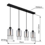 Lampă cu suspensie metal negru mat, sticlă fumurie colorată, cristale de sticlă transparente, cablu PVC negru, L x l x I: 730x100x1200mm, fără 4x E27 40W 230V - imagine 6