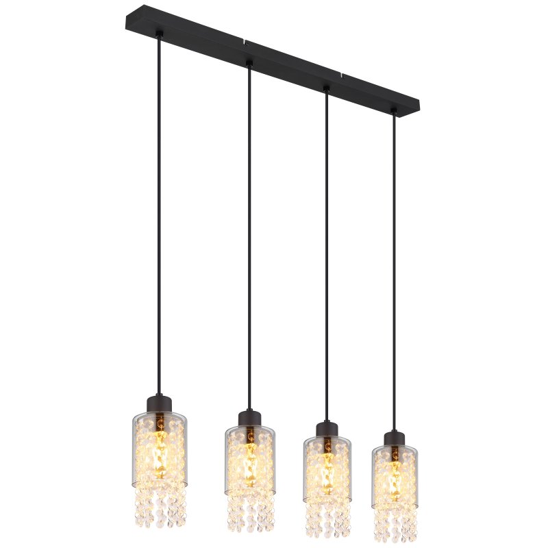 backey-15799-4h-g27922 Lampă cu suspensie metal negru mat, sticlă fumurie colorată, cristale de sticlă transparente, cablu PVC negru, L x l x I: 730x100x1200mm, fără 4x E27 40W 230V - imagine 1
