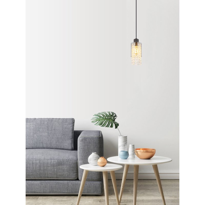 backey-15799h-g27920-6 Lampă cu suspensie metal negru mat, sticlă fumurie, cristale de sticlă transparente, cablu PVC negru, ø: 100mm, I: 1200mm, fără 1x E27 40W 230V - imagine 1