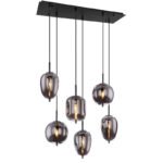 Suspensie metal negru, sticla  fumurie, înălțimea poate fi scurtată, LxLxH: 800x340x1200mm, diametru sticla: 2 x 15,8 cm, 2 x 16,5 cm, 2 x 18,5 cm, excl. 6x E14 40W 230V