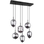 Suspensie metal negru, sticla  fumurie, înălțimea poate fi scurtată, LxLxH: 800x340x1200mm, diametru sticla: 2 x 15,8 cm, 2 x 16,5 cm, 2 x 18,5 cm, excl. 6x E14 40W 230V - imagine 3