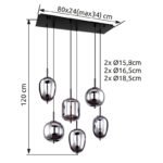 Suspensie metal negru, sticla  fumurie, înălțimea poate fi scurtată, LxLxH: 800x340x1200mm, diametru sticla: 2 x 15,8 cm, 2 x 16,5 cm, 2 x 18,5 cm, excl. 6x E14 40W 230V - imagine 6