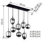 Suspensie, metal negru, sticlă fumurie, 8 abajoare cu diferite forme, LxLxH: 940x340x1200, excl. 8xE14 40W 230V - imagine 6