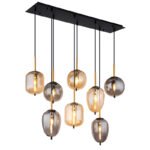 Lampă cu suspensie metal negru mat, alamă mată, sticlă fumurie, chihlimbar, cablu PVC negru, 4 forme diferite de sticlă și 2 culori, L x l x I: 1025x340x1200mm, excl. 8x E14 40W 230V