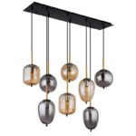 Lampă cu suspensie metal negru mat, alamă mată, sticlă fumurie, chihlimbar, cablu PVC negru, 4 forme diferite de sticlă și 2 culori, L x l x I: 1025x340x1200mm, excl. 8x E14 40W 230V - imagine 3