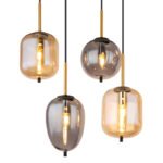 Lampă cu suspensie metal negru mat, alamă mată, sticlă fumurie, chihlimbar, cablu PVC negru, 4 forme diferite de sticlă și 2 culori, L x l x I: 1025x340x1200mm, excl. 8x E14 40W 230V - imagine 4
