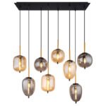 Lampă cu suspensie metal negru mat, alamă mată, sticlă fumurie, chihlimbar, cablu PVC negru, 4 forme diferite de sticlă și 2 culori, L x l x I: 1025x340x1200mm, excl. 8x E14 40W 230V - imagine 5