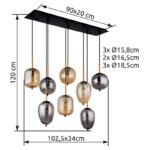 Lampă cu suspensie metal negru mat, alamă mată, sticlă fumurie, chihlimbar, cablu PVC negru, 4 forme diferite de sticlă și 2 culori, L x l x I: 1025x340x1200mm, excl. 8x E14 40W 230V - imagine 6