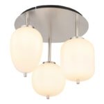 Plafonieră din metal nichel mat, sticlă albă, 3 pahare diferite, ø: 460mm, I: 360mm, sticlă-ø: 1 x 15,8 cm, 16,5 cm, 18,5 cm fiecare, fără 3x E14 40W 230V