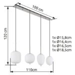 Lampă suspendată metal nichel mat, sticlă alb, cablu PVC negru, înălțimea poate fi scurtată (lampă suspendată), 4 pahare diferite, L x l x I: 1100x185x1200mm, sticlă-ø: 1 de fiecare 15,8 cm, x 16,4 cm, 16,5 cm, 18,5 cm, fără 4x E14 40W 230V - imagine 6