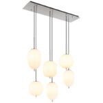 Lampă cu suspensie metal nichel mat, sticlă alb, cablu PVC negru, înălțimea poate fi scurtată (lampă cu suspensie), 3 pahare diferite, L x l x I: 800x340x1200mm, sticlă-ø: 2 x 15,8 cm, 16,5 cm, 18,5 cm fiecare, excl. 6x E14 40W 230V