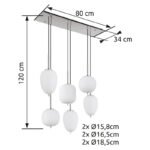 Lampă cu suspensie metal nichel mat, sticlă alb, cablu PVC negru, înălțimea poate fi scurtată (lampă cu suspensie), 3 pahare diferite, L x l x I: 800x340x1200mm, sticlă-ø: 2 x 15,8 cm, 16,5 cm, 18,5 cm fiecare, excl. 6x E14 40W 230V - imagine 5