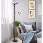 Lampă de podea din metal negru mat, sticlă de culoare fumurie, întrerupător pe articol, flexo, 2 întrerupătoare, proiectorul și lumina de lectură pot fi comutate separat, ø: 300 mm, H: 1780 mm, excl. 1x E27 60W 230V, excl. 1x E14 40W 230V