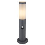 Stalp de exterior ,oțel inoxidabil antracit, plastic alb, IP44, senzor: 90 °, interval: 2-8m, D: 127, H: 450, excl. 1xE27 30W 230V