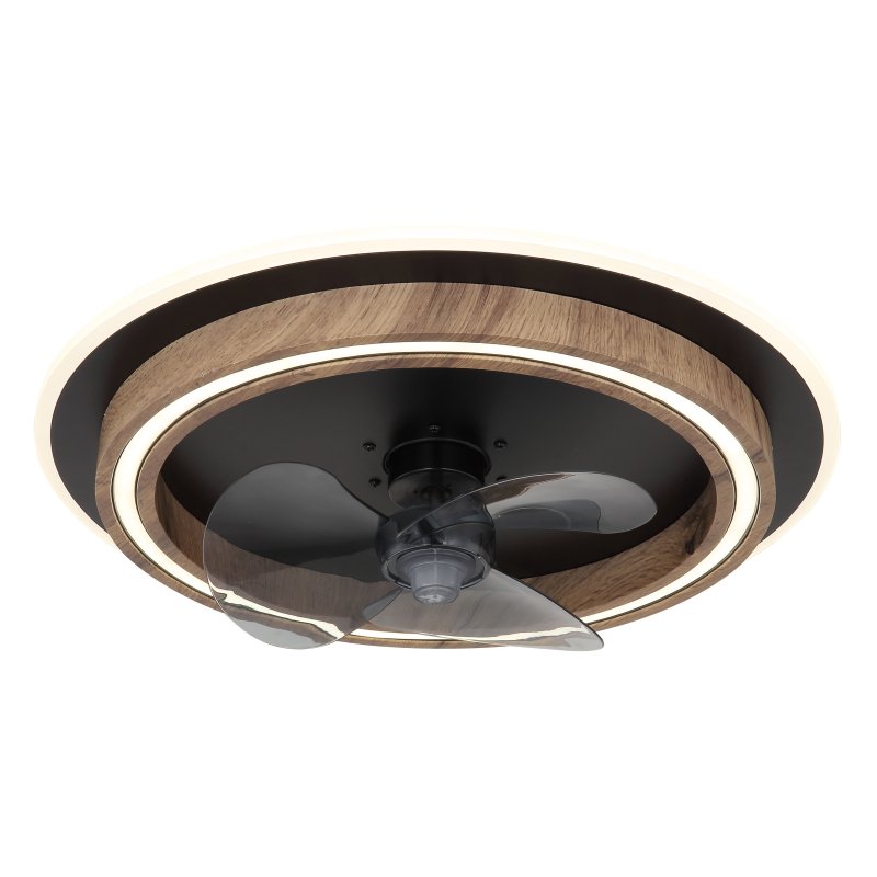 bozan-03655-g29337 Ventilator de tavan metal negru mat, MDF aspect lemn închis, plastic opal, plastic fumuriu, dimmable, mai multe niveluri prin întrerupător de perete, telecomandă, ø:500mm H:135mm, 15m², LED 32W 230V, sursă 320-3200lm, ieșire 120-1200lm, CCT2700-6500K - imagine 1