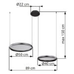 Lampa suspendată negru mat, acril satinat, dimmable, mai multe niveluri prin comutator de perete, funcție de memorie, înălțime reglabilă, telecomandă, 1x50cm, 1x40 cm, 890x500x1500mm, LED 50W 230V, sursă 550-6500lm, ieșire 100-1000lm, CCT 2700-6000K - imagine 6