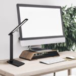 Lampă de masă din plastic negru mat, plastic opal, piele artificială neagră, touch on/off, reglabil, variator de intensitate, adaptor incl., cablu USB incl., LxLxA:280x115x500mm, LED 5W 230V, sursă 60-582lm, ieșire 57-570lm, CCT2700/6500/4000K