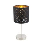 Veioza nichel mat, textil negru auriu metalizat, abajur cu perforații pentru décor cablu de 1,5 m, comutator D: 150, H :. 350, excl. 1xE14 40W 230V