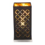 Veioza nichel mat, textil negru auriu metalizat, abajur cu perforații pentru décor, cablu de 1,5 m, , comutator, LxlxH: 110x110x250, excl. 1xE14 40W 230V.