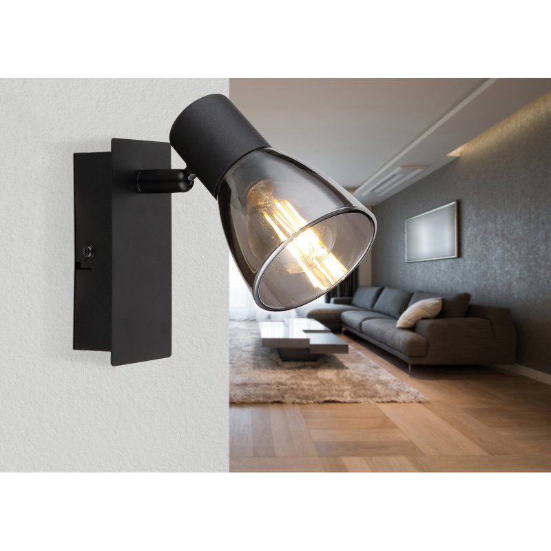 claude-54307-1-g27524-6 Spot metal negru mat, sticlă fumată, comutator basculant pe articol, LxA: 70x140mm, AL: 155mm, excl 1x E14 40W 230V - imagine 1