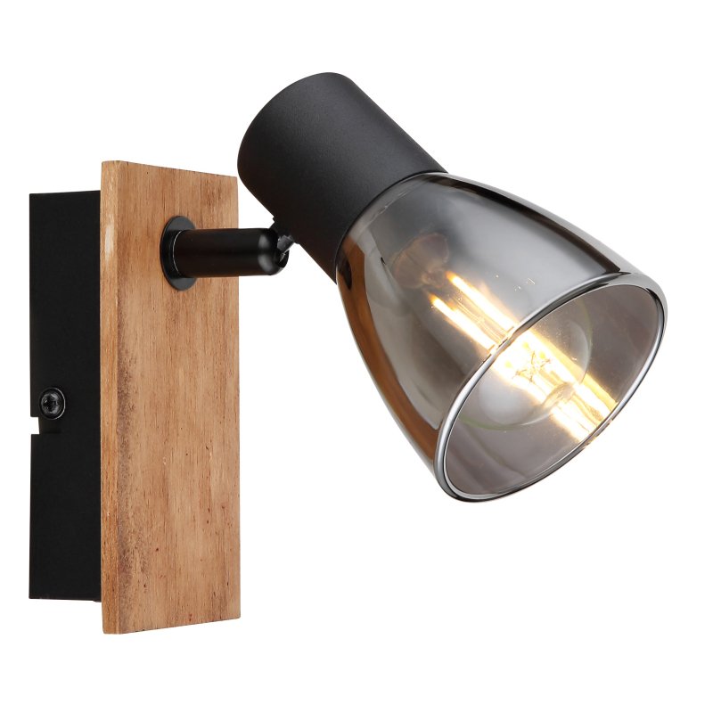 claude-54307-1w-g27520 Spot lemn maro închis, metal negru mat, sticlă de culoarea fumului, comutator basculant pe articol, LxA: 70x140mm, AL: 155mm, excl 1x E14 40W 230V - imagine 1
