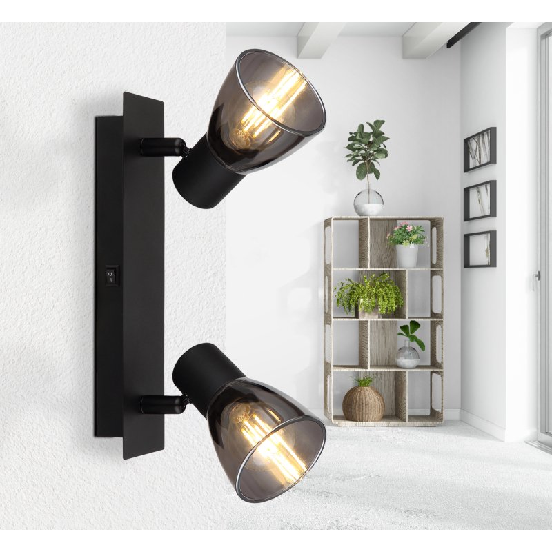 claude-54307-2-g27525-6 Spot metal negru mat, sticlă fumă, comutator basculant pe articol, Lxlxh: 250x70x155mm, excl 2x E14 40W 230V - imagine 1