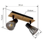 Spot lemn maro închis, metal negru mat, sticlă de culoarea fumului, comutator basculant pe articol, Lxlxh: 250x70x155mm,excl 2x E14 40W 230V - imagine 6
